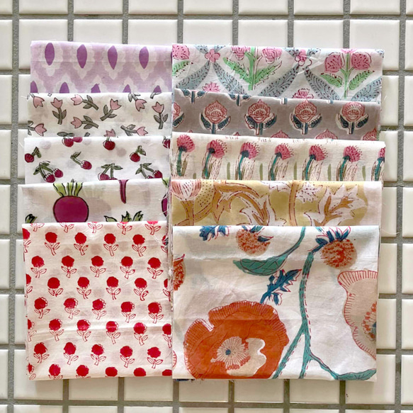 インド ブロックプリント生地 ミニカットクロス10枚セットvol.020暖色系 ファブリック はぎれ IF0355 2枚目の画像