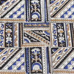 【50cm単位】オフホワイトブルーイエロースクエアバグルー染め　インド　ハンドブロックプリント生地  コットン 2枚目の画像