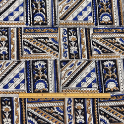 【50cm単位】オフホワイトブルーイエロースクエアバグルー染め　インド　ハンドブロックプリント生地  コットン 6枚目の画像