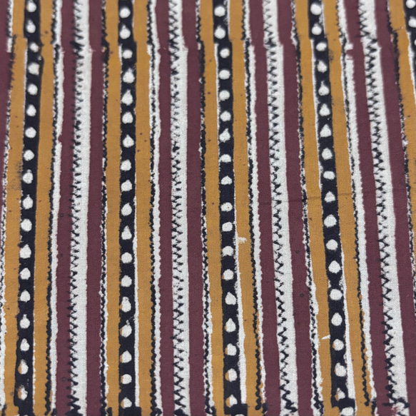 【50cm単位】イエローブラウンストライプバグルー染め　インド　ハンドブロックプリント生地  コットン 2枚目の画像