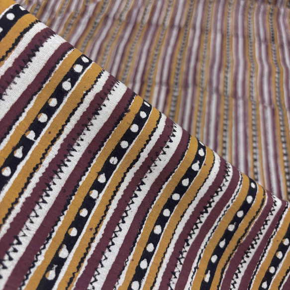 【50cm単位】イエローブラウンストライプバグルー染め　インド　ハンドブロックプリント生地  コットン 5枚目の画像