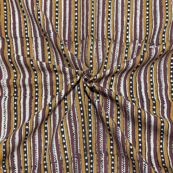 【50cm単位】イエローブラウンストライプバグルー染め　インド　ハンドブロックプリント生地  コットン 1枚目の画像