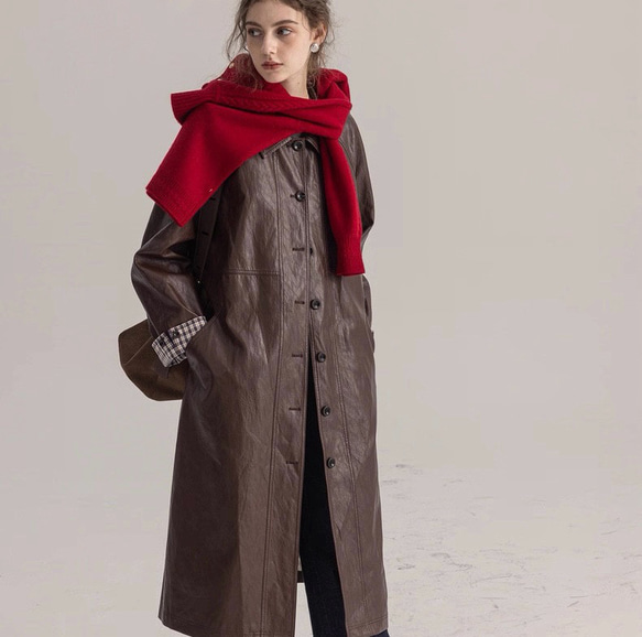 格好よく羽織るエコレザーのスプリングコート　ウエストベルト【春秋】ブラウン 3枚目の画像