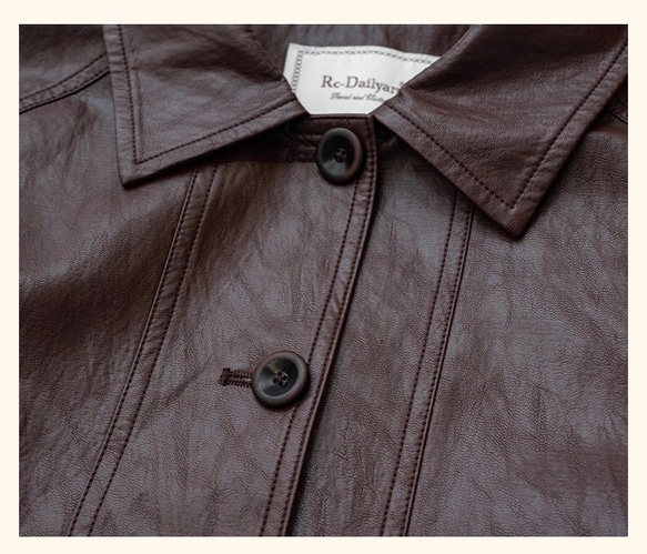 格好よく羽織るエコレザーのスプリングコート　ウエストベルト【春秋】ブラウン 16枚目の画像