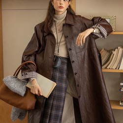 格好よく羽織るエコレザーのスプリングコート　ウエストベルト【春秋】ブラウン 4枚目の画像