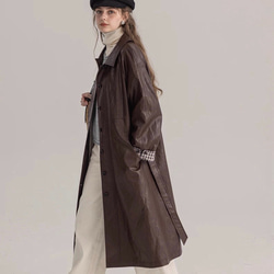 格好よく羽織るエコレザーのスプリングコート　ウエストベルト【春秋】ブラウン 6枚目の画像