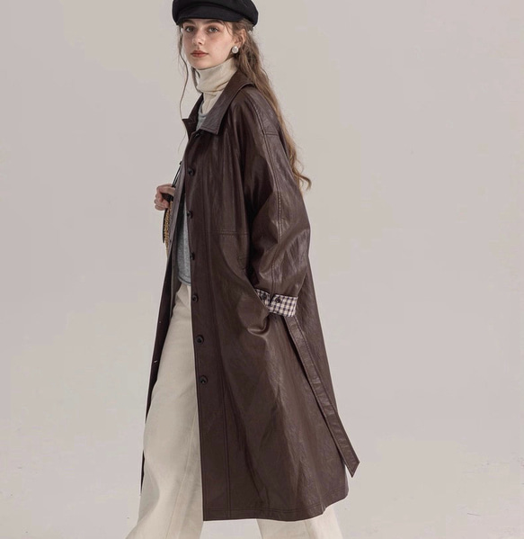格好よく羽織るエコレザーのスプリングコート　ウエストベルト【春秋】ブラウン 6枚目の画像