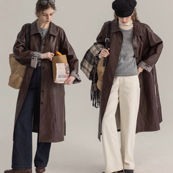 格好よく羽織るエコレザーのスプリングコート　ウエストベルト【春秋】ブラウン 2枚目の画像