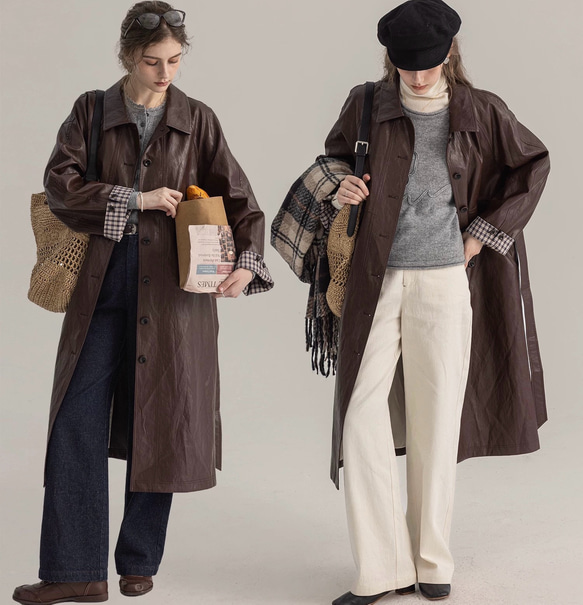 格好よく羽織るエコレザーのスプリングコート　ウエストベルト【春秋】ブラウン 2枚目の画像