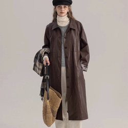 格好よく羽織るエコレザーのスプリングコート　ウエストベルト【春秋】ブラウン 1枚目の画像