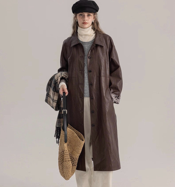 格好よく羽織るエコレザーのスプリングコート　ウエストベルト【春秋】ブラウン 1枚目の画像