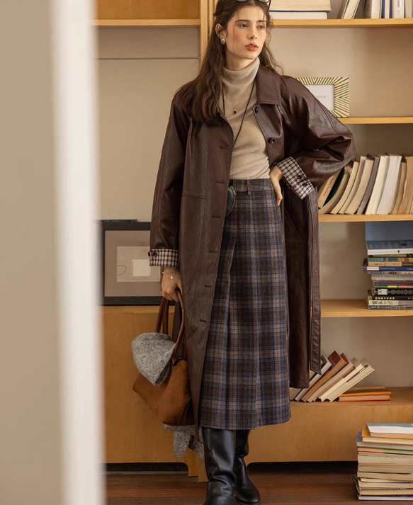 格好よく羽織るエコレザーのスプリングコート　ウエストベルト【春秋】ブラウン 14枚目の画像