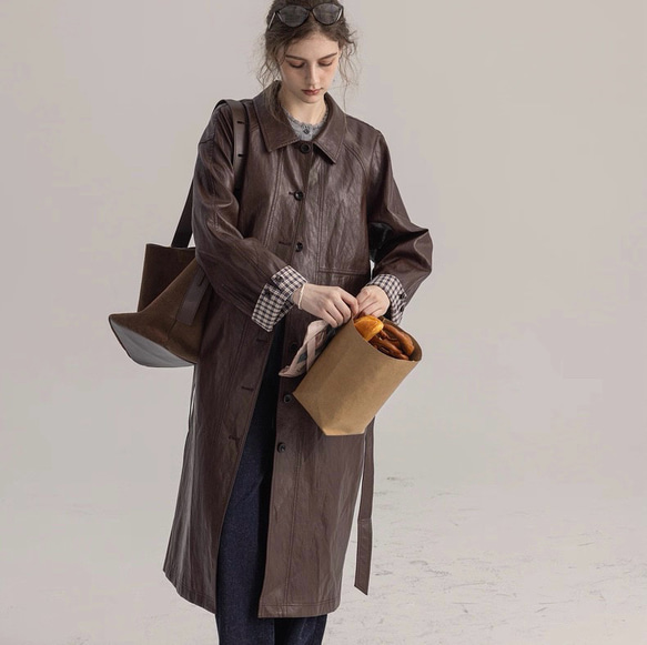 格好よく羽織るエコレザーのスプリングコート　ウエストベルト【春秋】ブラウン 11枚目の画像