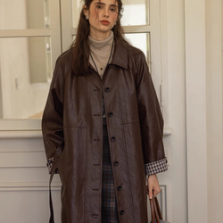 格好よく羽織るエコレザーのスプリングコート　ウエストベルト【春秋】ブラウン 13枚目の画像