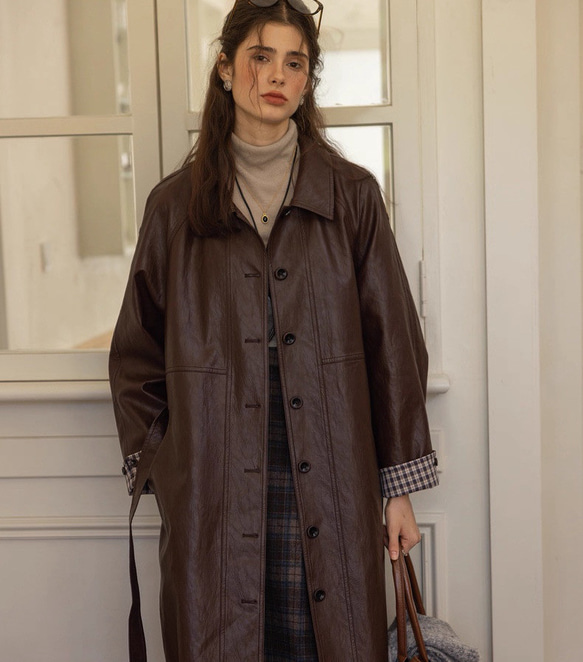 格好よく羽織るエコレザーのスプリングコート　ウエストベルト【春秋】ブラウン 13枚目の画像