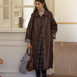 格好よく羽織るエコレザーのスプリングコート　ウエストベルト【春秋】ブラウン 12枚目の画像