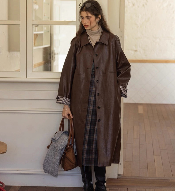 格好よく羽織るエコレザーのスプリングコート　ウエストベルト【春秋】ブラウン 12枚目の画像