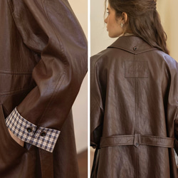格好よく羽織るエコレザーのスプリングコート　ウエストベルト【春秋】ブラウン 5枚目の画像