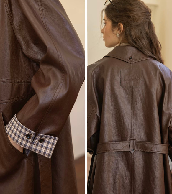 格好よく羽織るエコレザーのスプリングコート　ウエストベルト【春秋】ブラウン 5枚目の画像