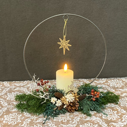 『再再販』＂森のChristmas！アイアンリースキャンドルと飾る森のスワッグ"ラウンドタイプ 1枚目の画像