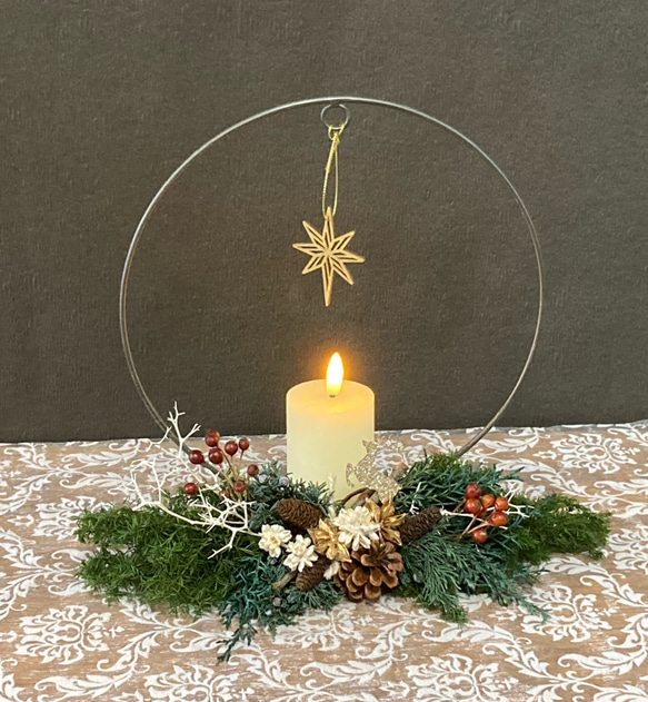 『再再販』＂森のChristmas！アイアンリースキャンドルと飾る森のスワッグ"ラウンドタイプ 1枚目の画像