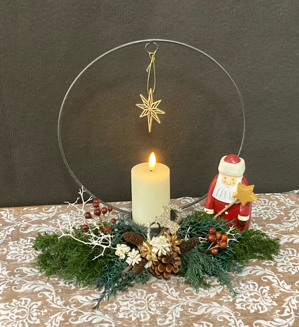 『再再販』＂森のChristmas！アイアンリースキャンドルと飾る森のスワッグ"ラウンドタイプ 2枚目の画像