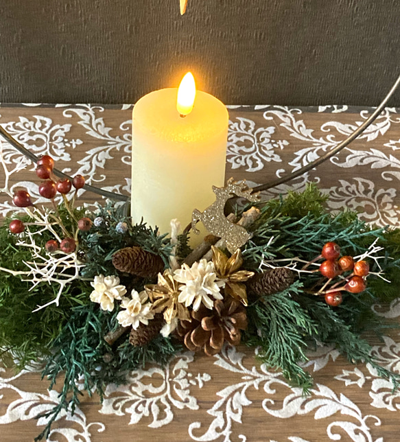 『再再販』＂森のChristmas！アイアンリースキャンドルと飾る森のスワッグ"ラウンドタイプ 3枚目の画像