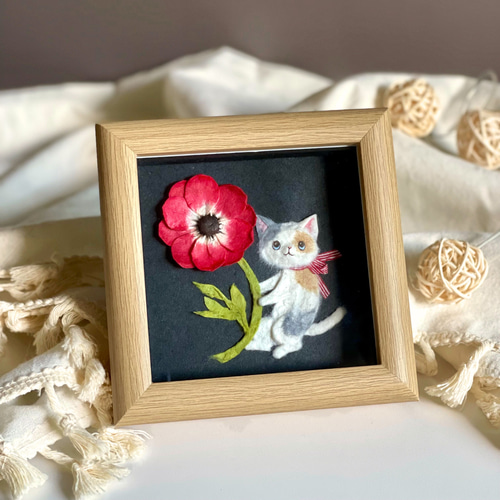 原画］和紙ちぎり絵『春の花とネコ』赤いアネモネと三毛猫の小さな