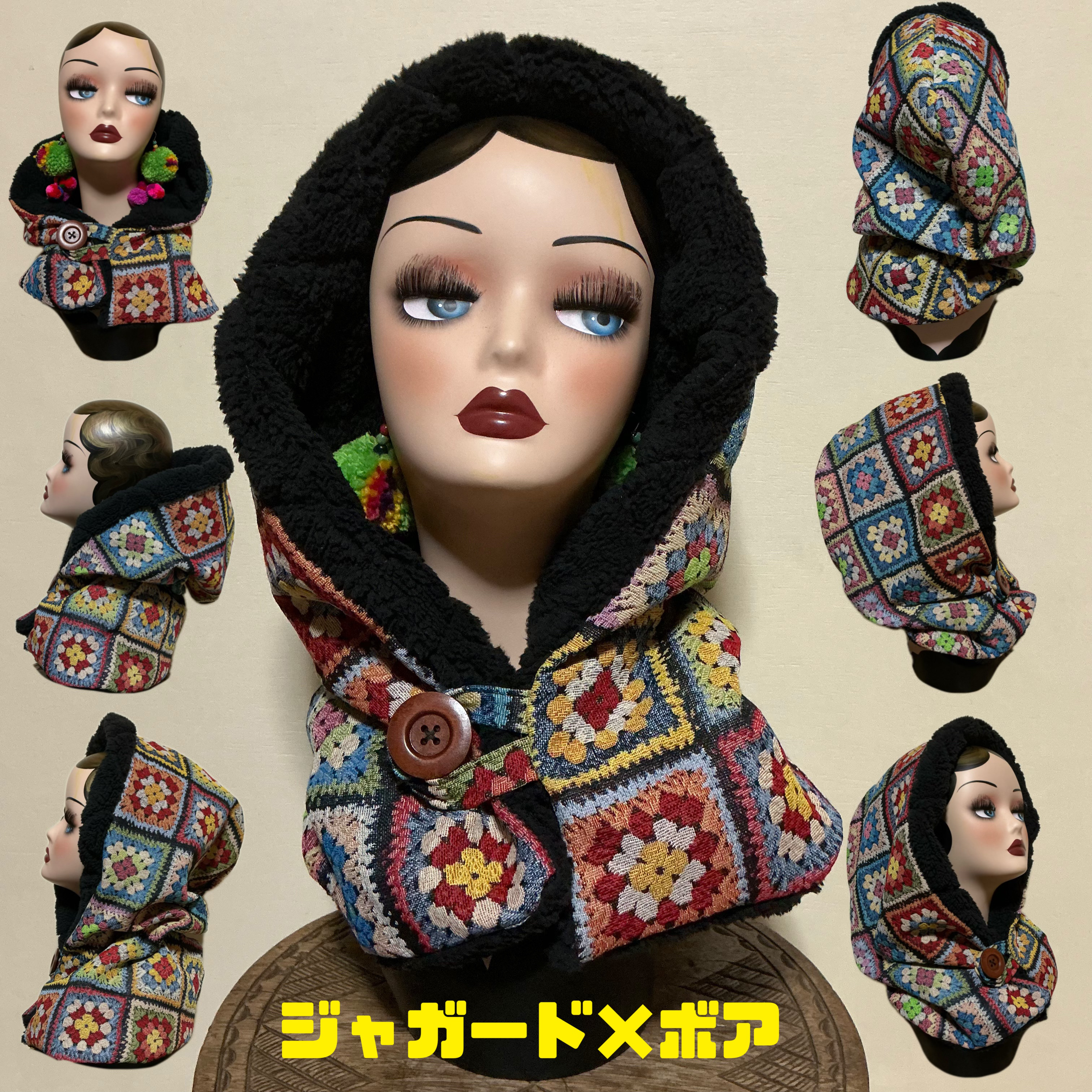 ジャガード×ボア　フードスヌード　フード帽子　エスニック