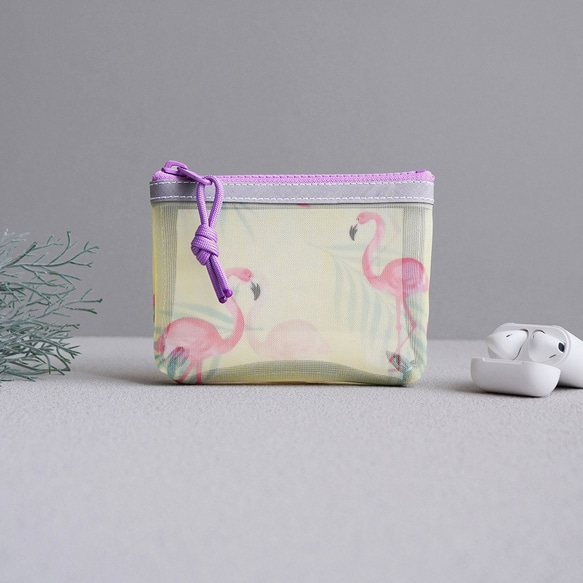 透け感が可愛い◎通気性抜群の立体メッシュポ（フラミンゴ）パステル/マスク入れ/コスメポーチ/通勤通学に/旅行用ポーチに◎ 1枚目の画像