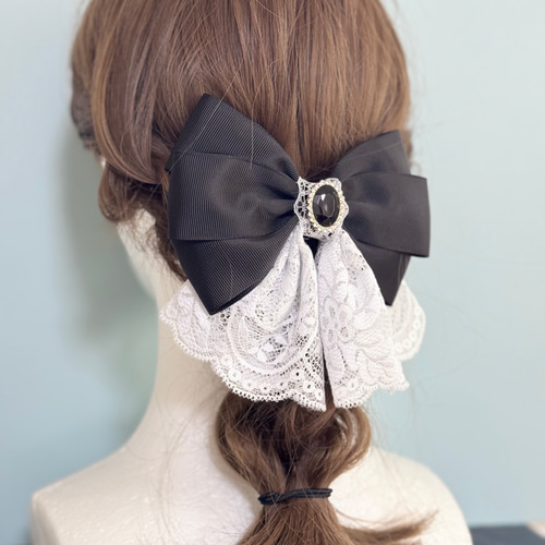 ブラックリボンヘアアクセサリー グログラン×レース 黒センターパーツ クラシカル リボンヘア