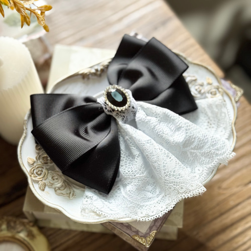 グログラン×レース 黒センターパーツ クラシカル リボンヘア