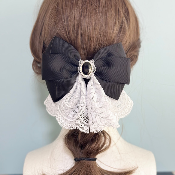 グログラン×レース 黒センターパーツ クラシカル リボンヘア