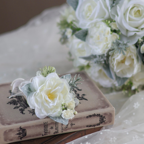 スノーホワイトのローズブーケ/ブートニア付き/即日発送/ホワイト