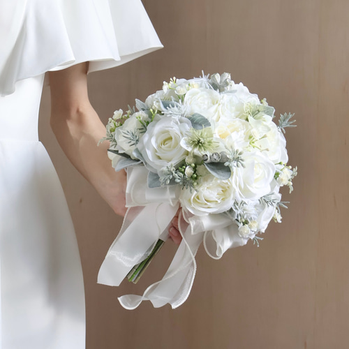 スノーホワイトのローズブーケ/ブートニア付き/即日発送/ホワイト