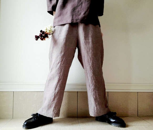 【秋新作数量限定】千鳥格子♡穿くだけでコーデがきまるゆったりした遠州リネンパンツ　丈&ポケット選！ゴム　セットアップも 6枚目の画像