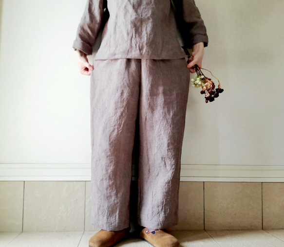 【秋新作数量限定】千鳥格子♡穿くだけでコーデがきまるゆったりした遠州リネンパンツ　丈&ポケット選！ゴム　セットアップも 17枚目の画像