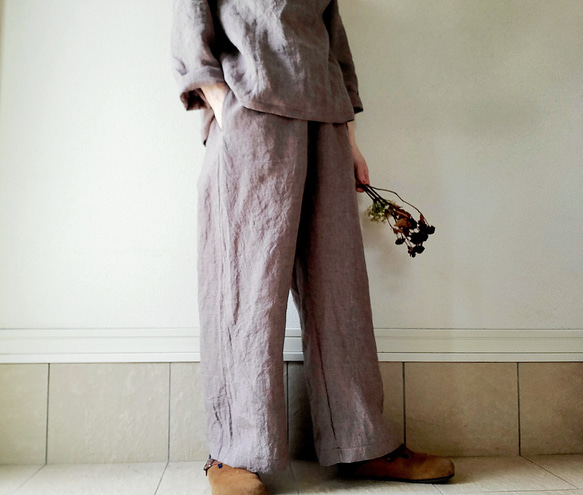 【秋新作数量限定】千鳥格子♡穿くだけでコーデがきまるゆったりした遠州リネンパンツ　丈&ポケット選！ゴム　セットアップも 5枚目の画像