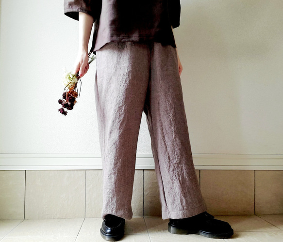 【秋新作数量限定】千鳥格子♡穿くだけでコーデがきまるゆったりした遠州リネンパンツ　丈&ポケット選！ゴム　セットアップも 13枚目の画像