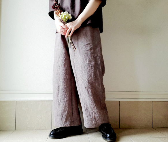 【秋新作数量限定】千鳥格子♡穿くだけでコーデがきまるゆったりした遠州リネンパンツ　丈&ポケット選！ゴム　セットアップも 1枚目の画像