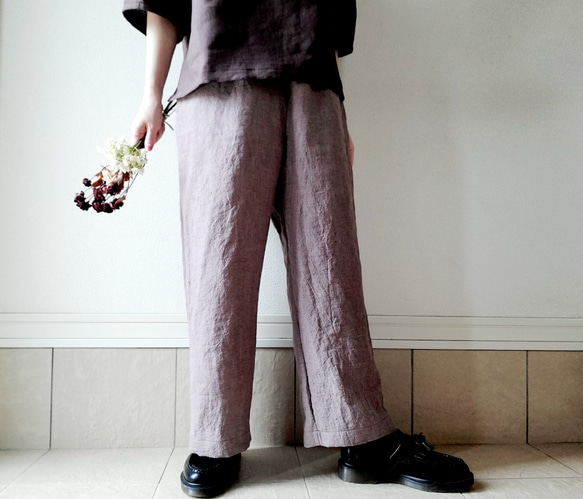 【秋新作数量限定】千鳥格子♡穿くだけでコーデがきまるゆったりした遠州リネンパンツ　丈&ポケット選！ゴム　セットアップも 7枚目の画像