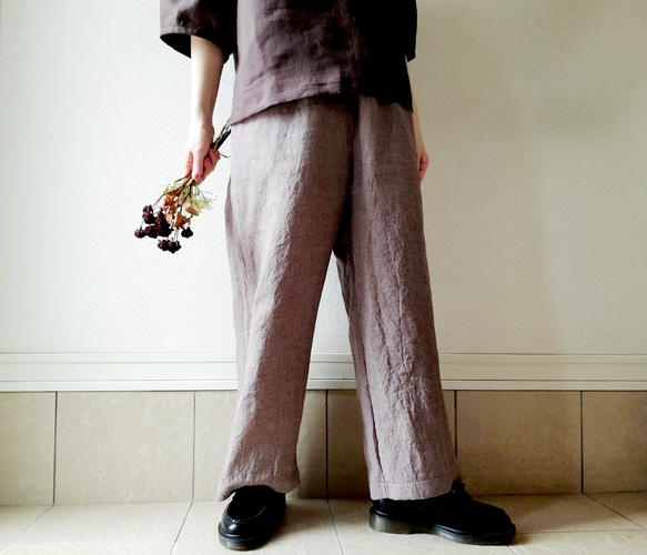 【秋新作数量限定】千鳥格子♡穿くだけでコーデがきまるゆったりした遠州リネンパンツ　丈&ポケット選！ゴム　セットアップも 9枚目の画像