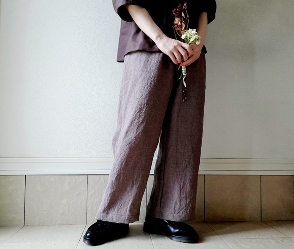 【秋新作数量限定】千鳥格子♡穿くだけでコーデがきまるゆったりした遠州リネンパンツ　丈&ポケット選！ゴム　セットアップも 15枚目の画像