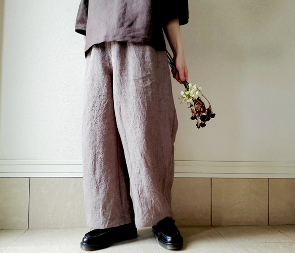 【秋新作数量限定】千鳥格子♡穿くだけでコーデがきまるゆったりした遠州リネンパンツ　丈&ポケット選！ゴム　セットアップも 16枚目の画像