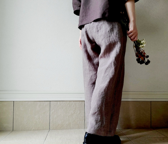 【秋新作数量限定】千鳥格子♡穿くだけでコーデがきまるゆったりした遠州リネンパンツ　丈&ポケット選！ゴム　セットアップも 11枚目の画像