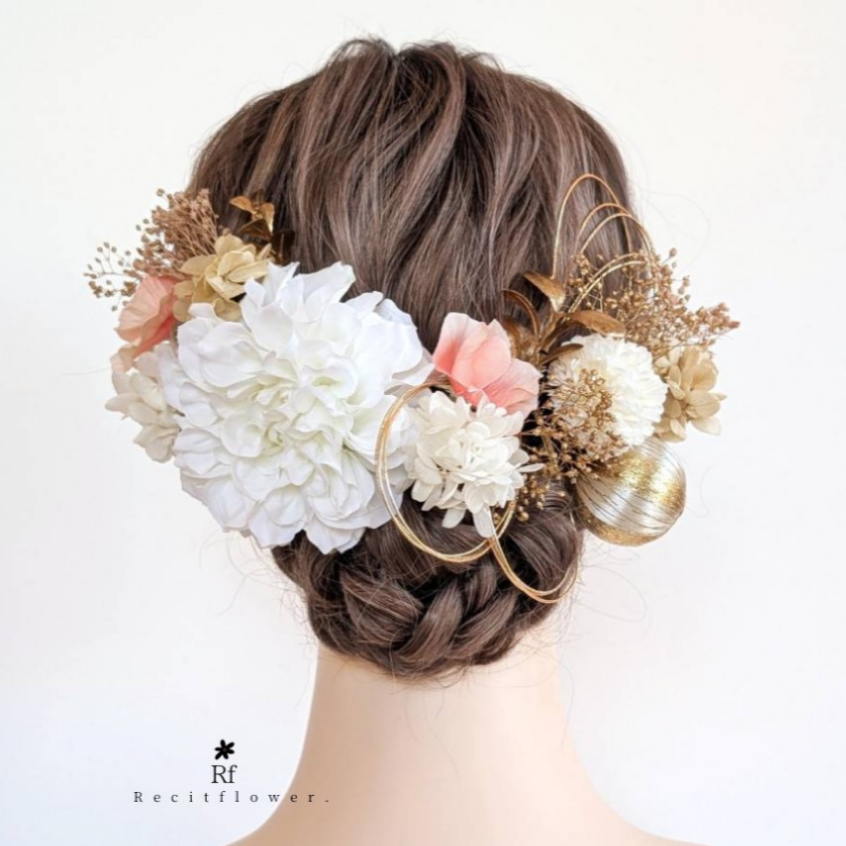 大きなダリアの髪飾り 成人式 卒業式 結婚式 七五三 ドライフラワー 髪飾り 白 ゴールド  RC221
