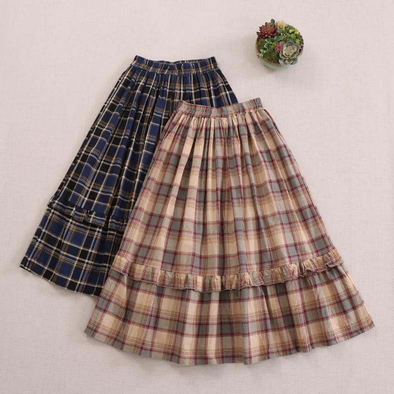 【コットン★チェック柄スカート】ポケット付き│Aライン│大人可愛さ│ウエストゴム│森ガール│クリスマス│B-59LB