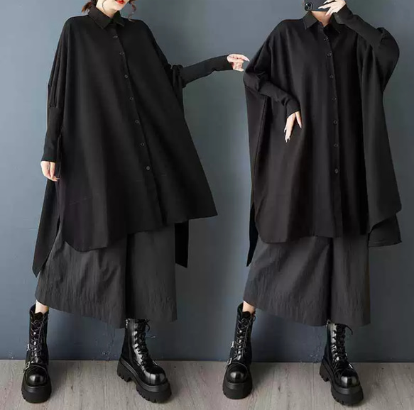 黒のコウモリ袖シャツ / 大きいサイズの長袖のトップス / ゆったり