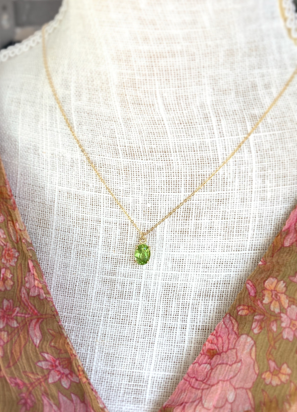 14kgf 天然石ペリドットのひと粒ネックレス 8月誕生石 18kGP 3枚目の画像