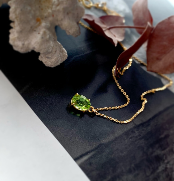 14kgf 天然石ペリドットのひと粒ネックレス 8月誕生石 18kGP 4枚目の画像